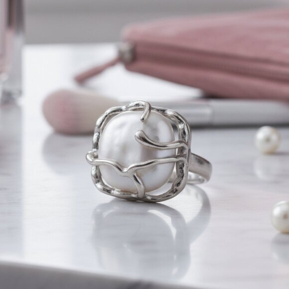 S925 Sterling Silver Adjustable Baroque Pearl Statement Ring Elegant Design - Picture 14 of 14